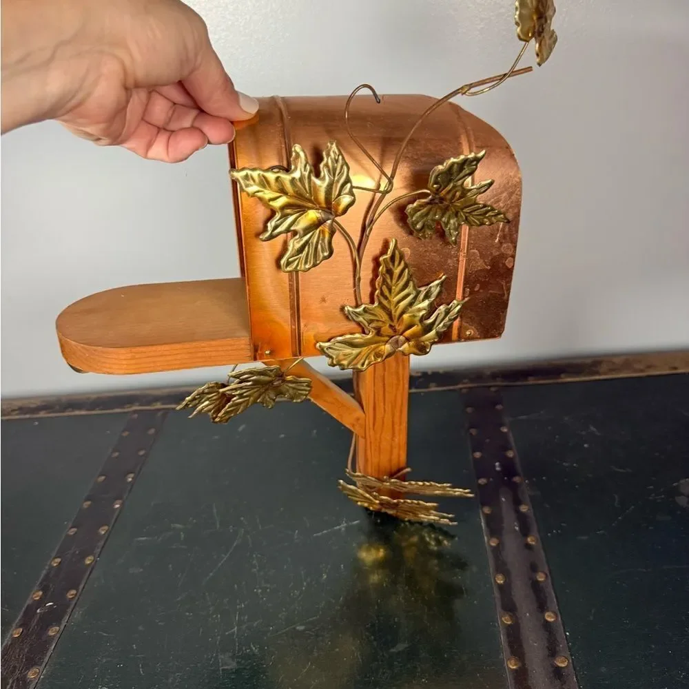 Vintage Copper & Gold Tone & Wood Mailbox Fall Autumn Hanging 14 Inch Wall Decor